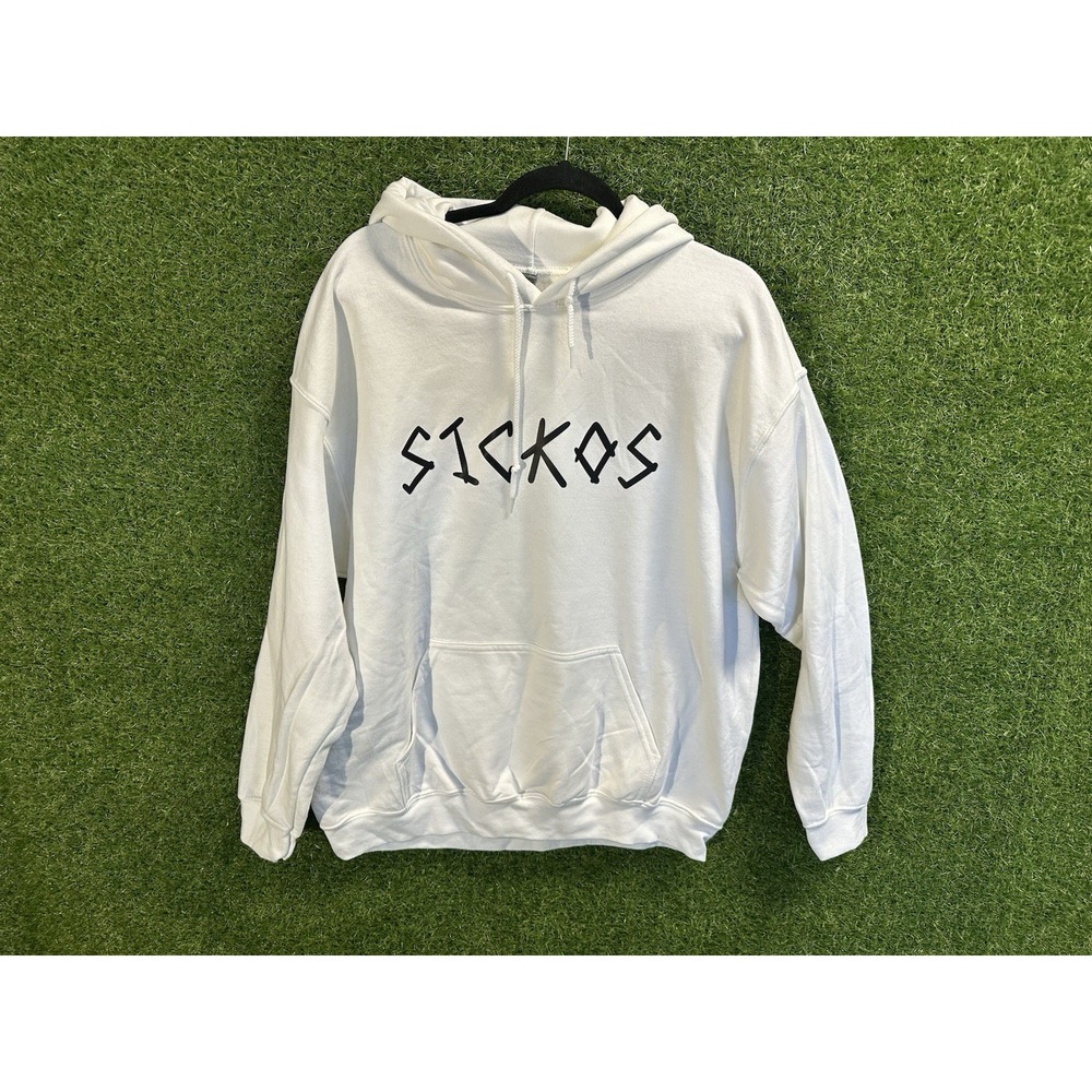 Gildan Men's L White Heavy Blend Fleece Pullover Hoodie Pockets Sickos Logo